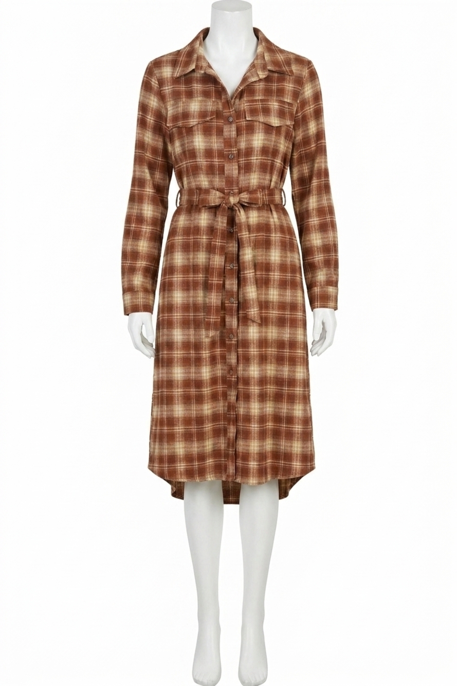 NEW SHE + SKY long sleeve midi shirt dress in chestnut plaid